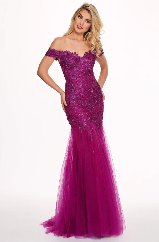 women's affordable dressesRachel Allan 6545 - Lace Appliqued Off Shoulder Tulle Mermaid Gown