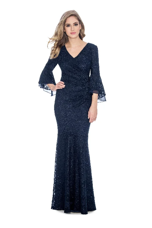 women's metallic dressesDecode 1.8 - Bell Sleeve V-Neck Glitter Lace Gown 184758SC