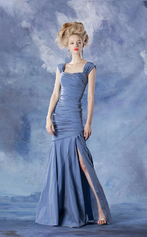 women's lace-up dressesTheia - Ruched Ornate High Slit Mermaid Gown 881685SC