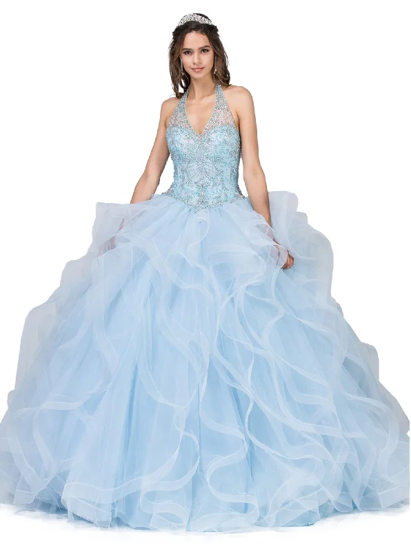 women's striped dressesDancing Queen - 1305SC Embellished Halter V-Neck Ruffled Ballgown