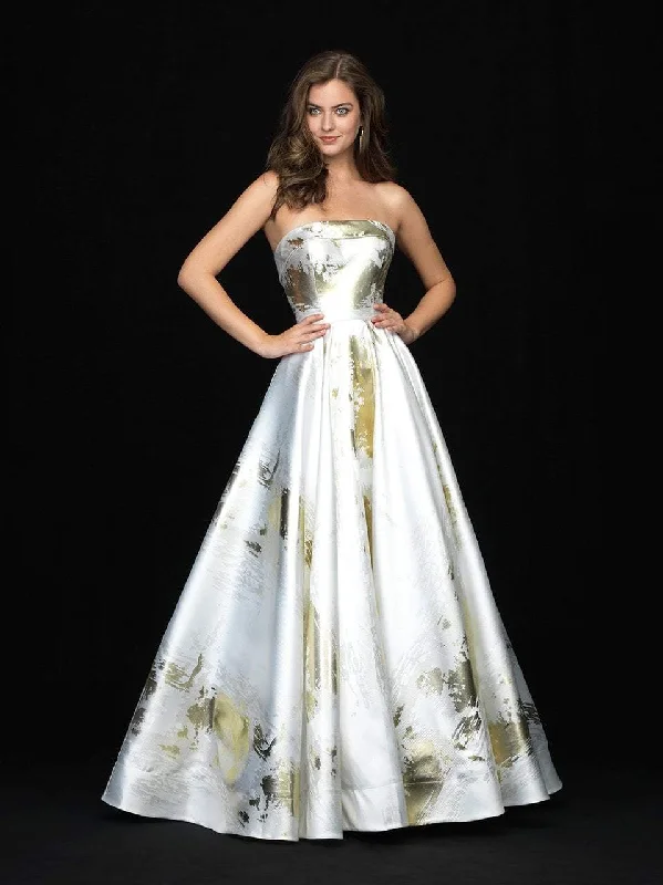 women's petite dressesMadison James - Metallic Print Straight Neck Ballgown 18-721 - 1 pc Navy/Gold In Size 10 Available