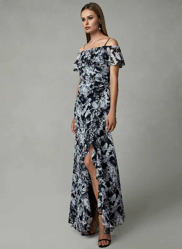 women's striped dressesCachet - Draped Floral Print Off Shoulder High Slit Gown 59689SC