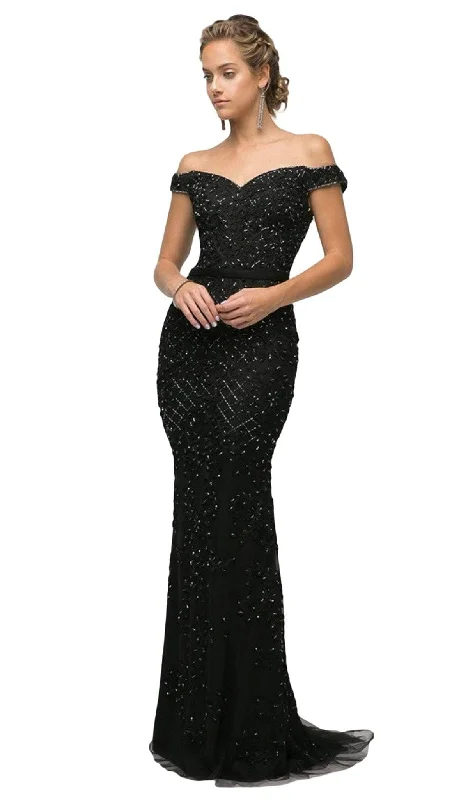 women's pear-shaped body dressesCinderella Divine - UK012 Off Shoulder Beaded Lace Ornate Sheath Gown