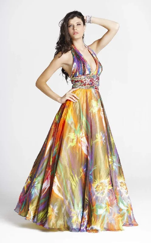 women's long-sleeved dressesBlush by Alexia Designs - Print Plunging Halter A-Line Gown 5034SC