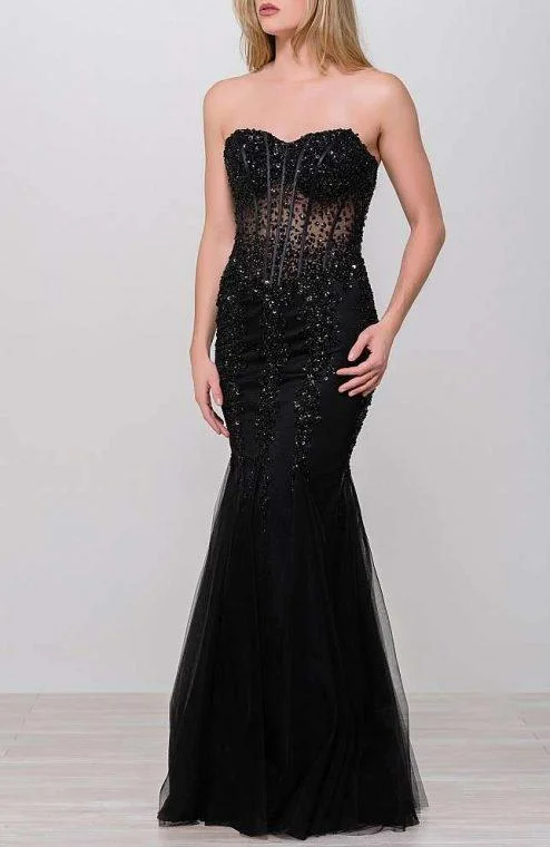 women's solid color dressesJovani - 5908SC Embellished Strapless Corset Illusion Bodice Gown