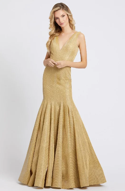 women's one-shoulder dressesIeena Duggal - Plunging V-Neck Gold Mermaid Gown 26074ISC