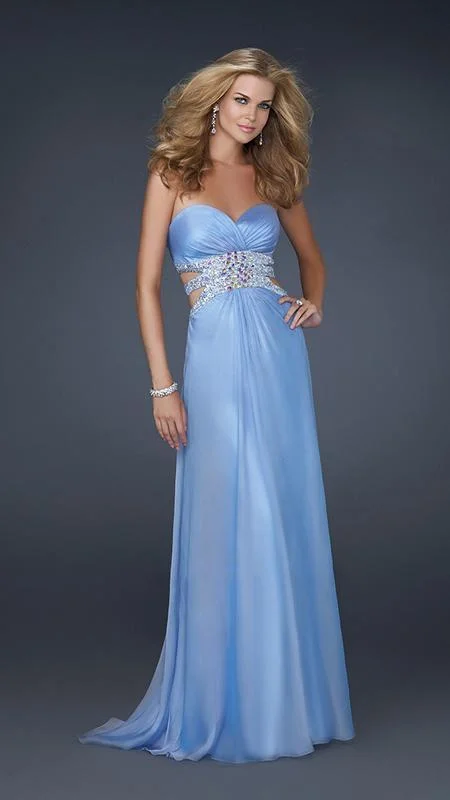 women's curve-hugging dressesLa Femme - Beaded Strapless Ruched Long Gown 17203