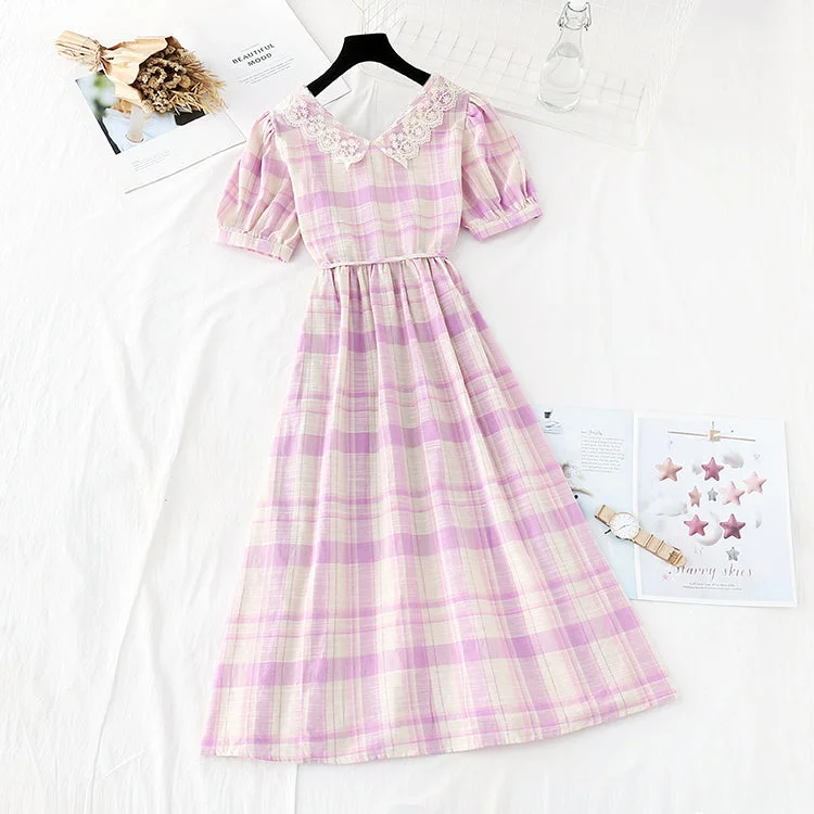 women's wrap skirtsLace doll collar sweet Plaid Cotton Linen Skirt fairy super fairy series  4154