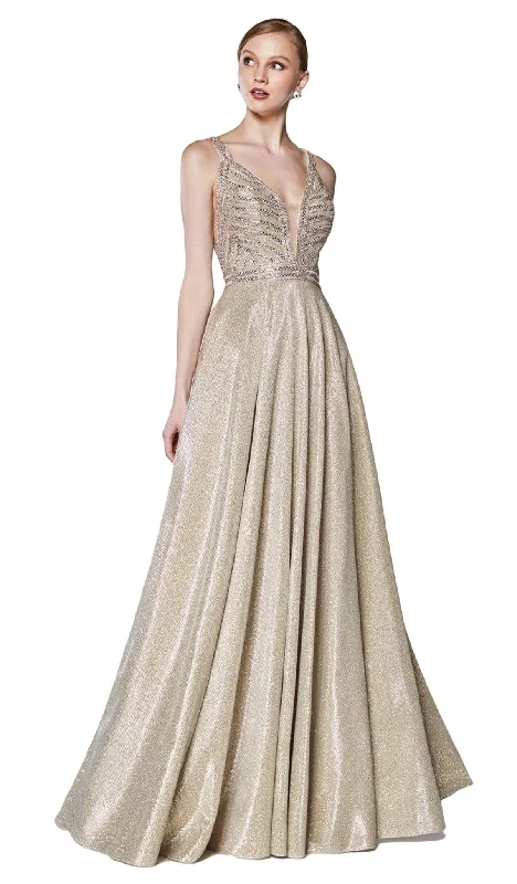 women's business casual dressesCinderella Divine - KC879 Ornate Metallic Banded Glitter A-Line Gown