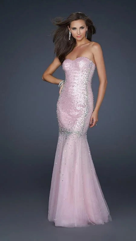 women's one-shoulder dressesLa Femme - Embellished Mid Open Back Mermaid Tulle Gown 17729