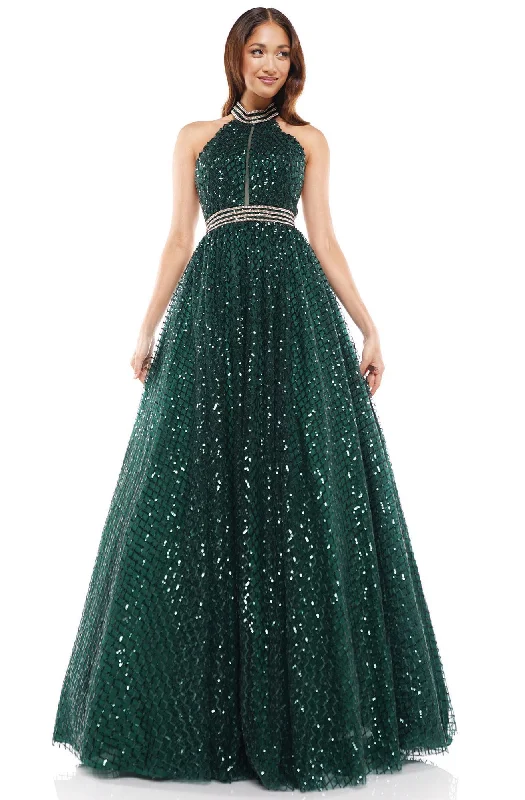 women's flutter-sleeved dressesGlow Dress - Beaded Choker Halter Sequin Gown G916S