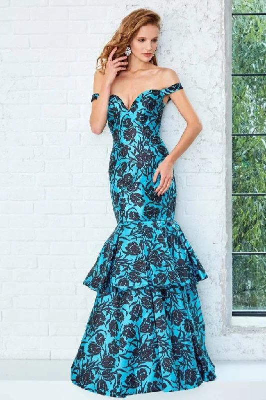 women's cinched-waist dressesAngela & Alison Floral Print Off Shoulder Layered Trumpet Gown 71056