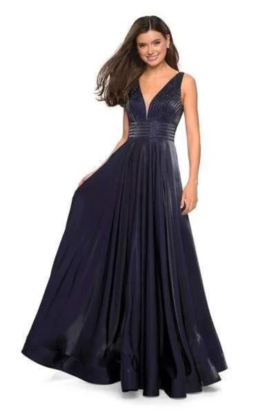 women's casual dressesLa Femme - 27205SC Embellished Deep V Neck Satin A-Line Gown