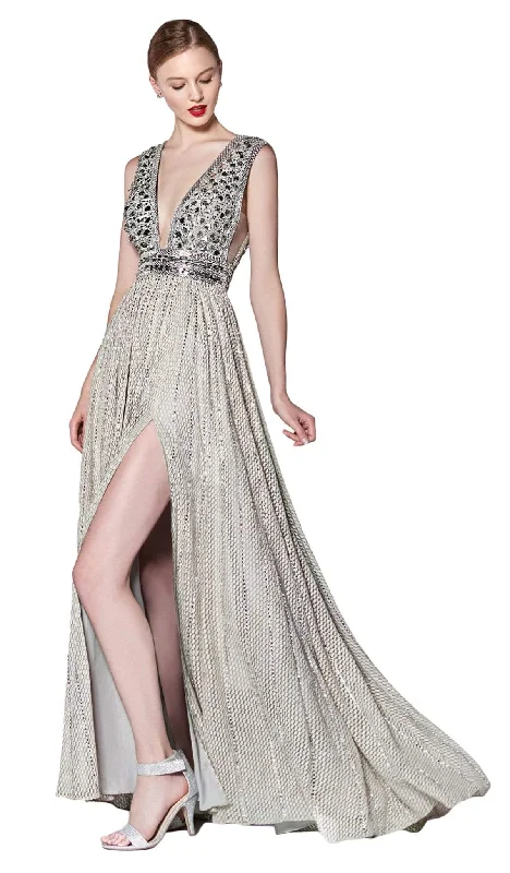 women's party dressesCinderella Divine - CK892 Plunging Geo-Beaded Bodice High Slit Gown