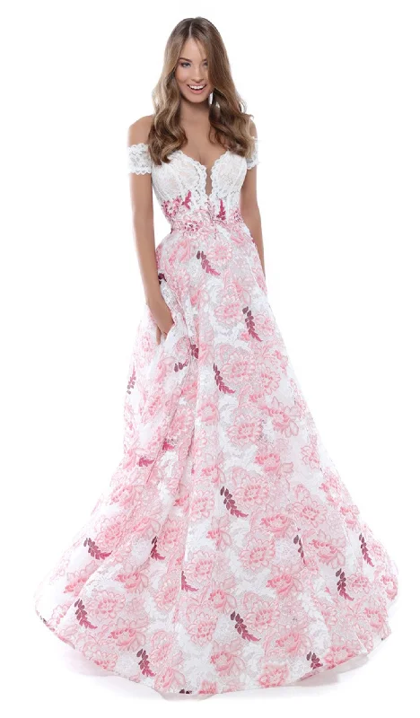 women's solid color dressesTarik Ediz - Off Shoulder Floral Lace A-Line Gown 50496