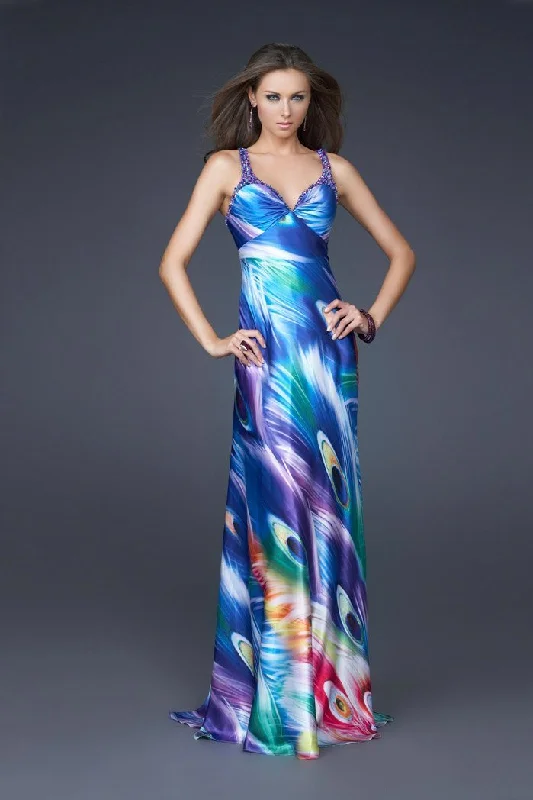 women's wrinkle-resistant dressesLa Femme - Strappy Printed A-Line Long Gown 16396