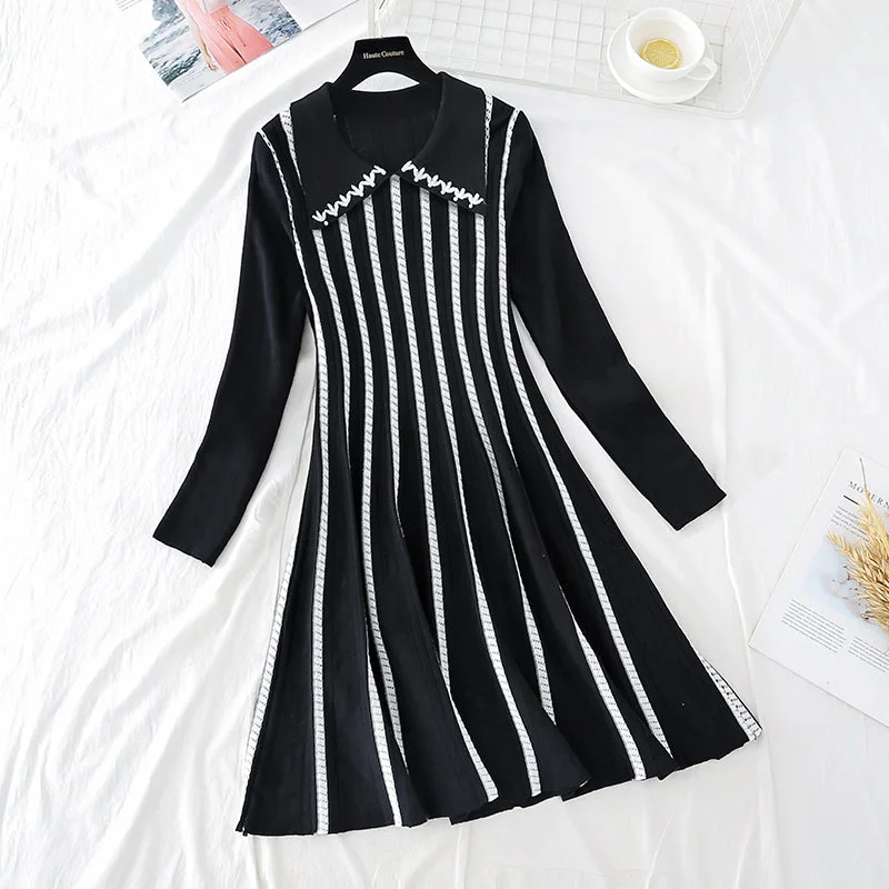 women's velvet mini skirtsFrench Long Sleeve Striped fashion age reducing thin bottomed knitted skirt  3916