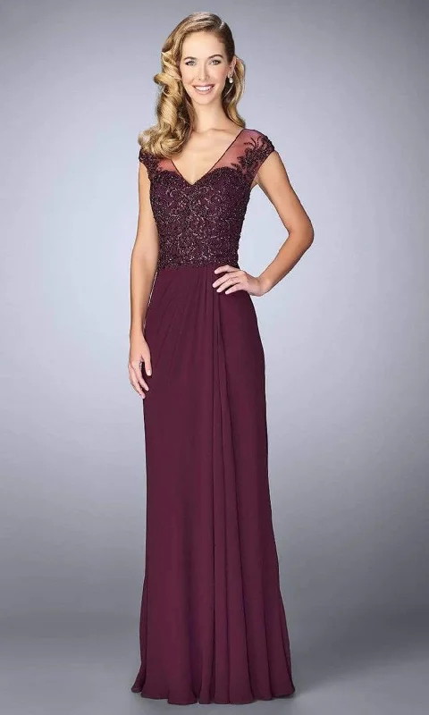 women's high-low dressesLa Femme - 23316SC Illusion V-Neck Beaded Bodice Long Jersey Gown