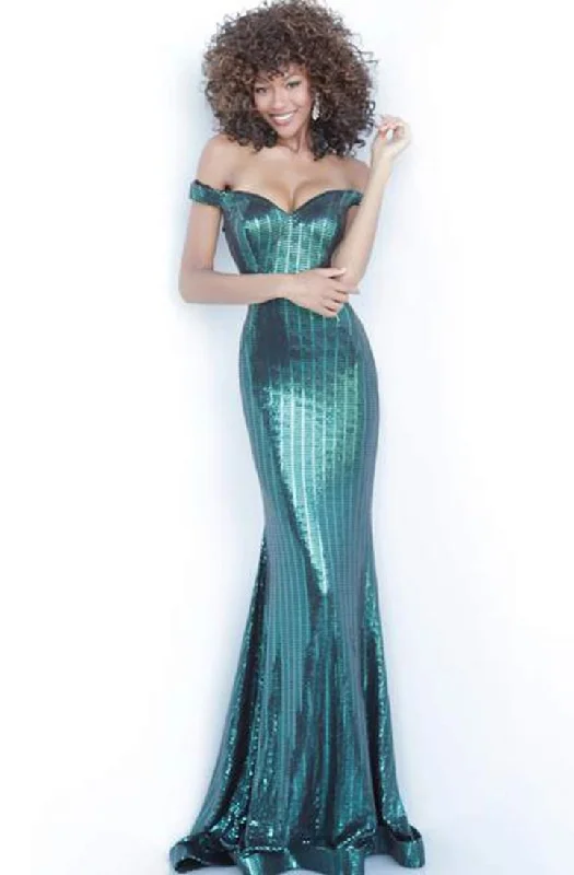 women's pastel dressesJovani - 00974SC Off-Shoulder Sweetheart Neck Metallic Mermaid Gown