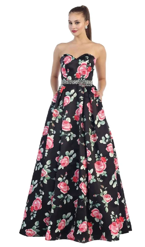 women's body-skimming dressesMay Queen RQ7425 Strapless with Rhinestone Waistband Floral Print Ball Gown - 1 pc Black/Print In Size 12 Available