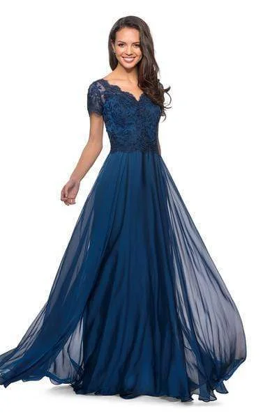 women's stylish dressesLa Femme - V neck Embroidered A- Line Evening Dress 27098SC