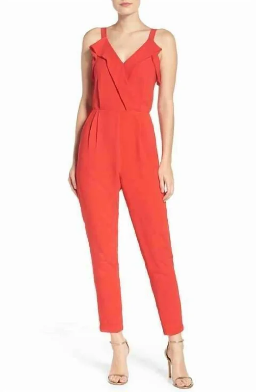 women's jumpsuits with halter necksCrepe V Neck Ruffle Accent Jumpsuit In Red