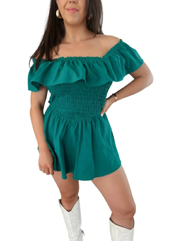 women's jumpsuits with zippersOff Shoulder Ruffle Romper In Kelly Green