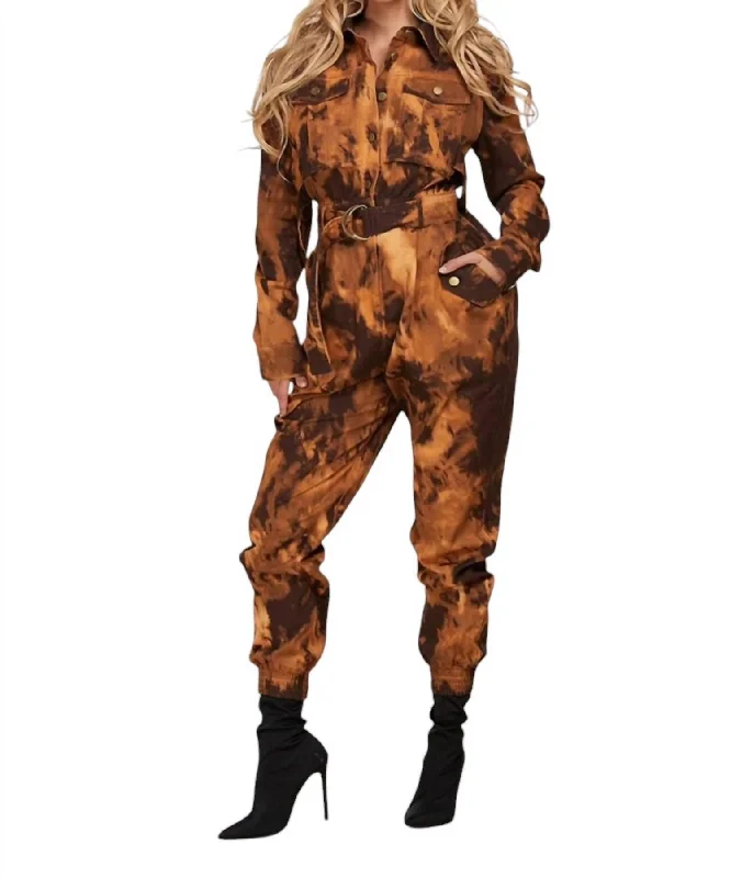 women's jumpsuits for summerFierce Sepia Denim Tye Dye Jumpsuit In Brown/gold