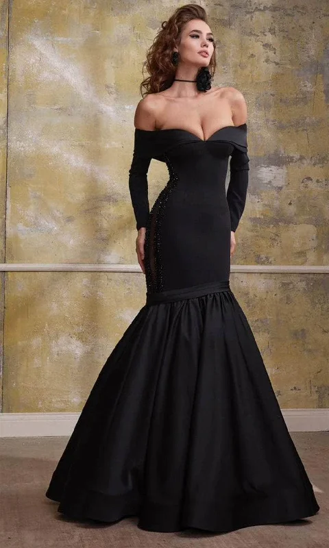 women's bell-sleeved dressesMNM Couture N0563 - Off-Shoulder Long Sleeve Sweetheart Evening Gown