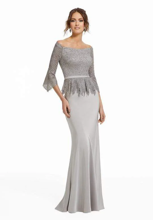 women's cinched-waist dressesMGNY By Mori Lee - Beaded Off-Shoulder Evening Gown with Peplum 72005SC - 1 pc Taupe In Size 12 Available