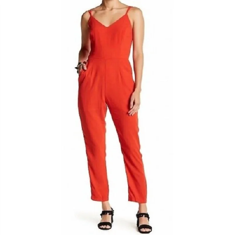 women's jumpsuits with off-the-shoulder necksCrepe V Neck Spaghetti Straps Jumpsuit In Red