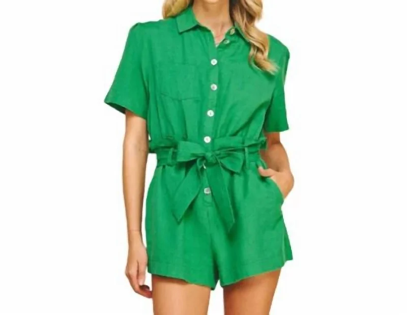 women's jumpsuits for yogaButton Down Collared Romper In Green