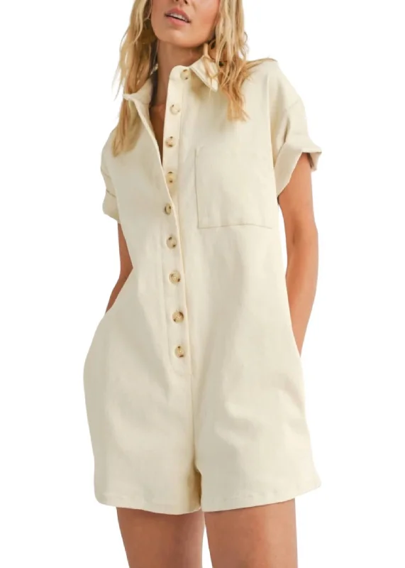 women's jumpsuits with bell sleevesStretch Denim Romper In Cream