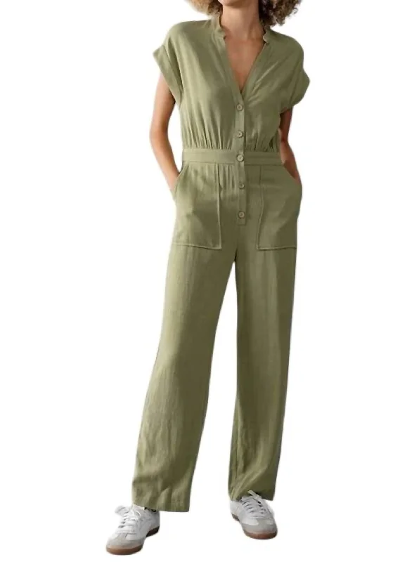 women's jumpsuits with round necksCap Sleeve Straight Leg Jumpsuit In Light Olive