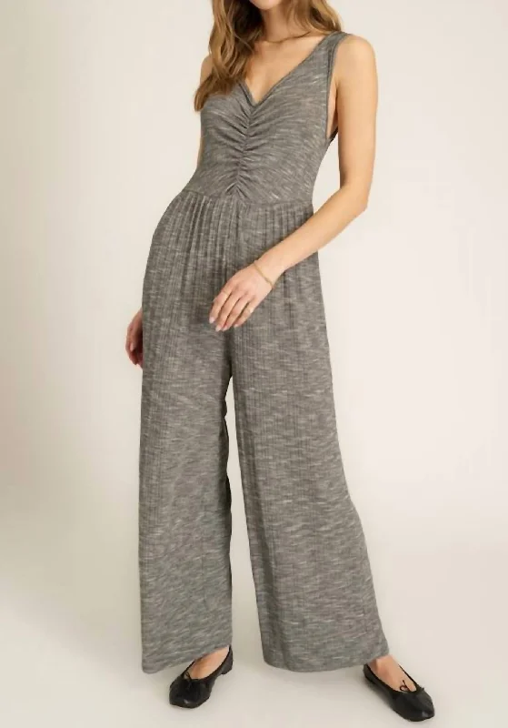 women's jumpsuits with self-ties at the waistSweetest Thing Ruched Jumpsuit In Heathered Mother Of Pearl