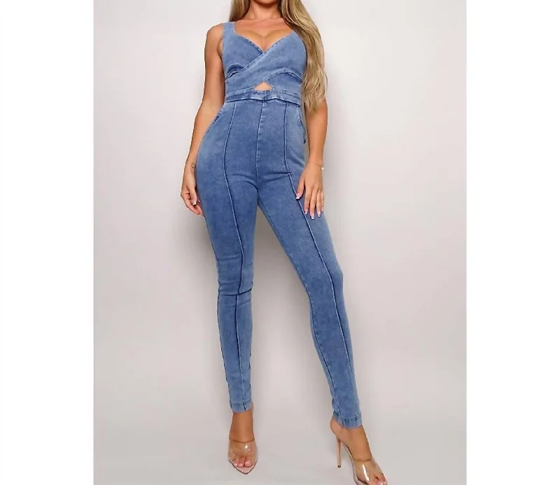 women's jumpsuits for short womenCut-Out Denim Jumpsuit In Medium Wash