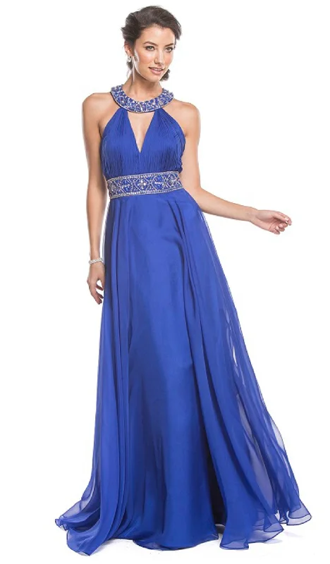 women's bell-sleeved dressesTrevi Collection - Embellished Halter Ruched A-Line Evening Dress