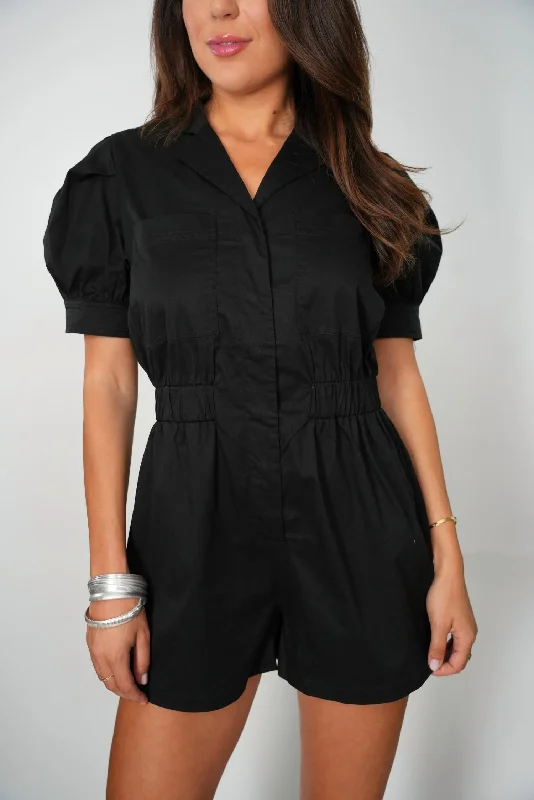 women's jumpsuits with checkered designsAdora Puff Sleeve Romper In Black