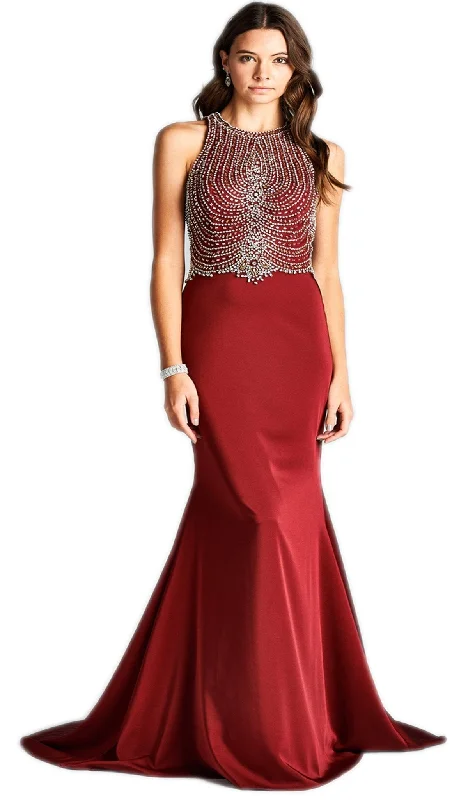 women's limited-edition dressesTrevi Collection - Bejeweled Halter Neck Trumpet Evening Dress