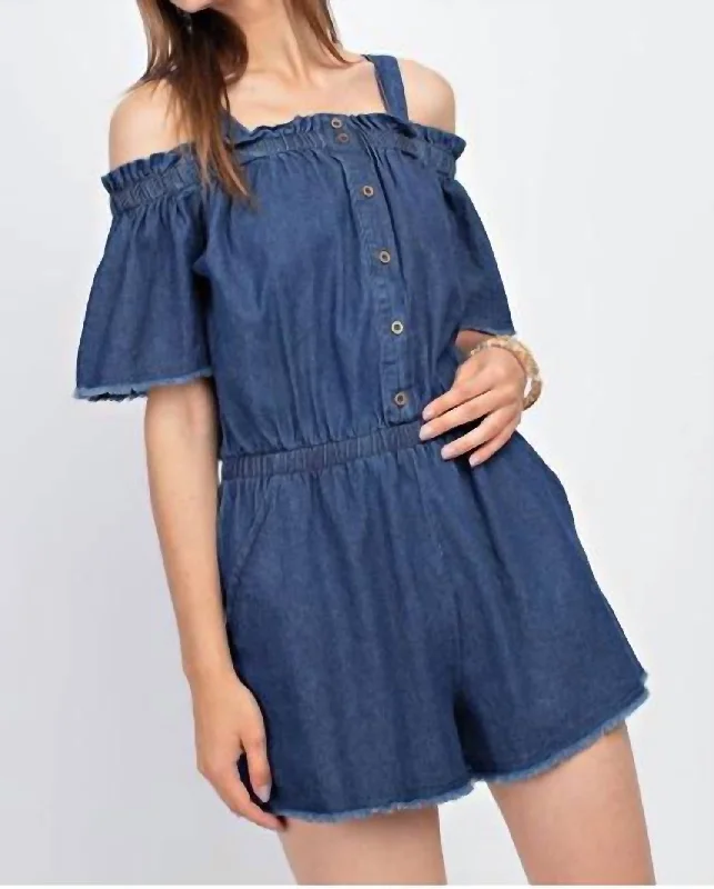 women's jumpsuits with bell sleevesDistressed Bottom Short Romper In Dark Denim