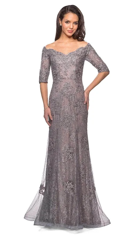 women's versatile dressesLa Femme - 24866SC Elbow Length Sleeve Embroidered Sheer Overlay Evening Gown