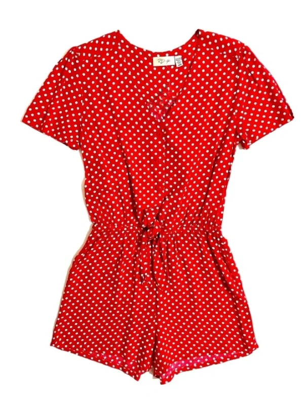 women's jumpsuits for winterWomen's Polka Dots Rayon Front Tie Rd Style Elastic Waist Romper In Red