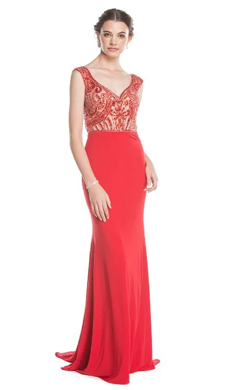 women's neon dressesTrevi Collection - Embroidered Wide V-neck Sheath Evening Dress