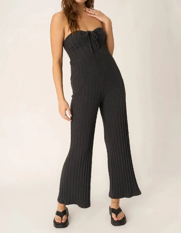 women's jumpsuits with cinched waistsMarseille Strapless Rib Jumpsuit In Black