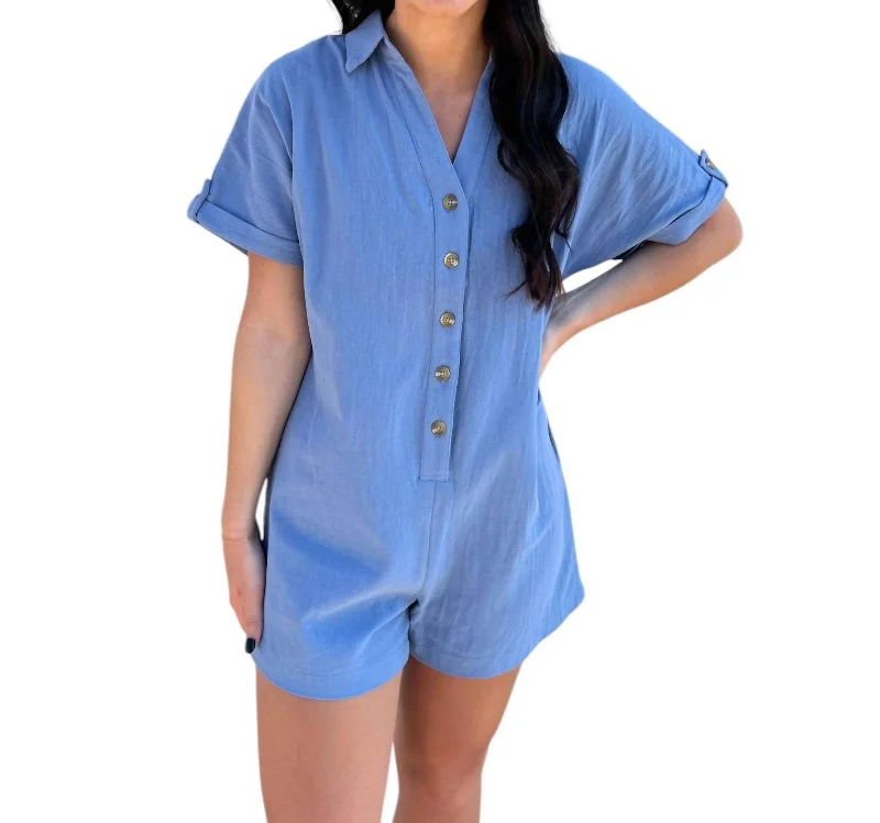 women's jumpsuits for plus-size figuresButton Down Shirts Romper In Blue