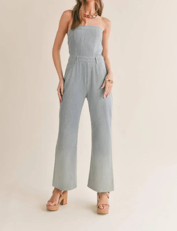 women's jumpsuits with high necksLocals Only Sidezip Denim Jumpsuit In Light Wash Stripe