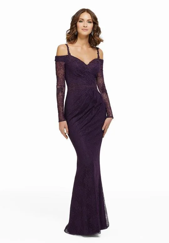 women's lace-up dressesMGNY By Mori Lee - Lace Off-Shoulder Trumpet Evening Gown 72011SC - 1 pc Eggplant In Size 8 Available