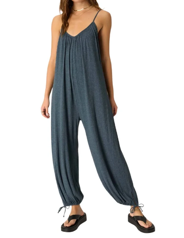 women's jumpsuits with round necksLet's Bounce Shirred Strappy Jumpsuit In Teal