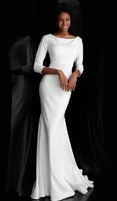 women's plus-size dressesJovani - Bateau Quarter Length Sleeves Trumpet Evening Gown 67662 - 1 pc Ivory In Size 22 Available