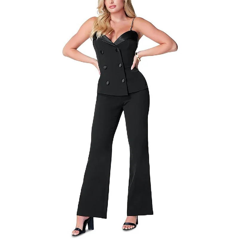 women's wide-leg jumpsuitsWomens Satin Trim Double-Breasted Jumpsuit